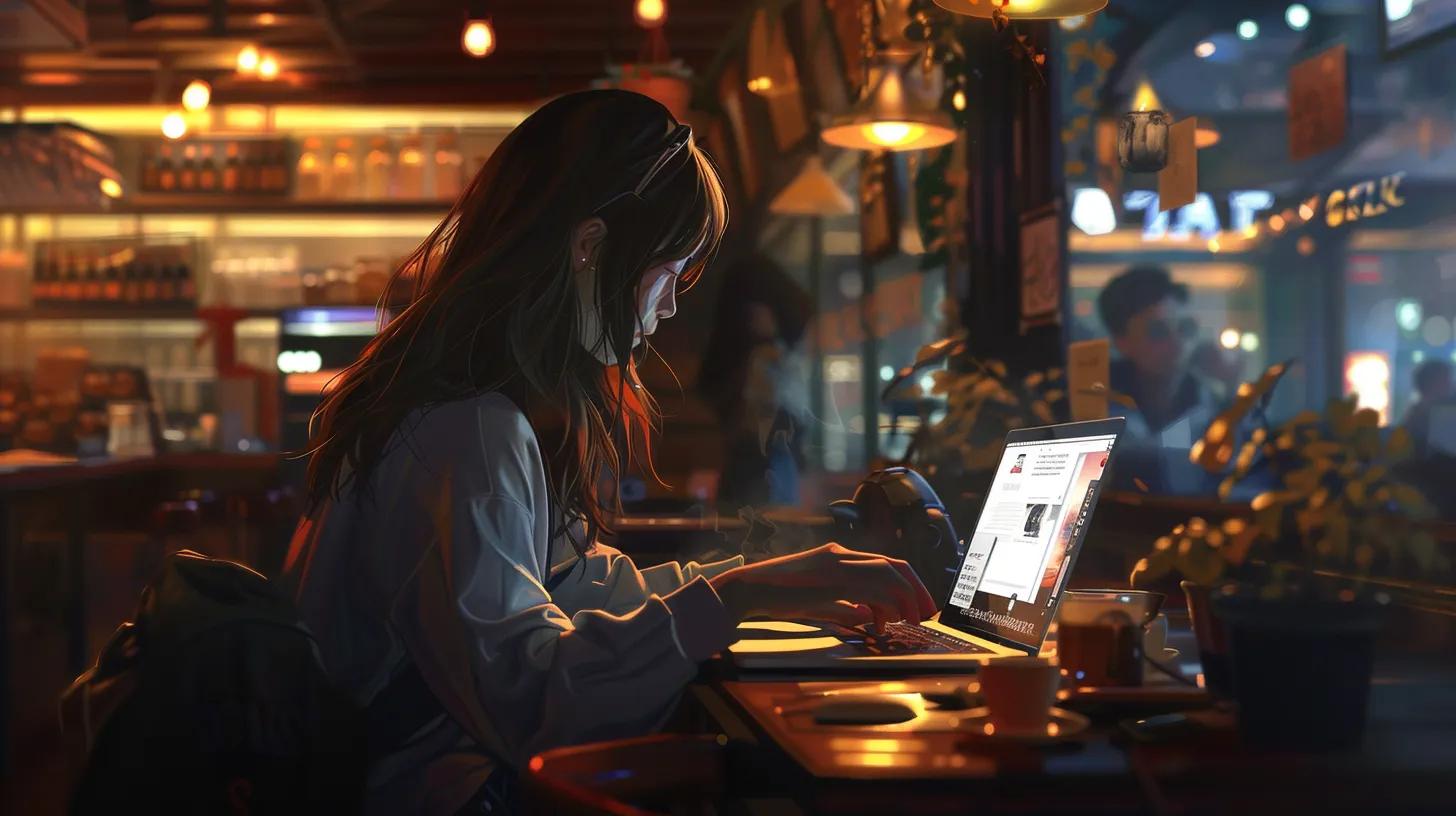 a focused girl in an anime style immerses herself in her laptop at a cozy coffee shop, surrounded by vibrant coffee culture as she creates dynamic articles and infographics for web design. - The Real Social Company - Social Media Managment - Web Design a focused girl in an anime style immerses herself in her laptop at a cozy coffee shop, surrounded by vibrant coffee culture as she creates dynamic articles and infographics for web design.