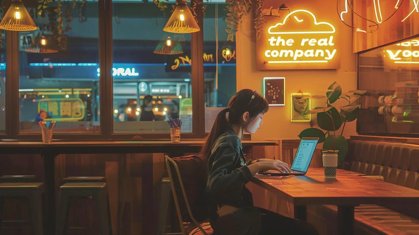 a focused girl in an anime style sits at a stylish coffee shop, intently working on her laptop adorned with a vibrant sticker of - The Real Social Company - Social Media Managment - Web Design a focused girl in an anime style sits at a stylish coffee shop, intently working on her laptop adorned with a vibrant sticker of
