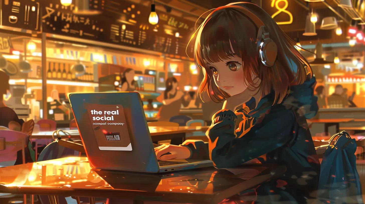 a focused girl in anime style sits in a modern coffee shop, intently working on her laptop adorned with a sticker that reads - The Real Social Company - Social Media Managment - Web Design a focused girl in anime style sits in a modern coffee shop, intently working on her laptop adorned with a sticker that reads