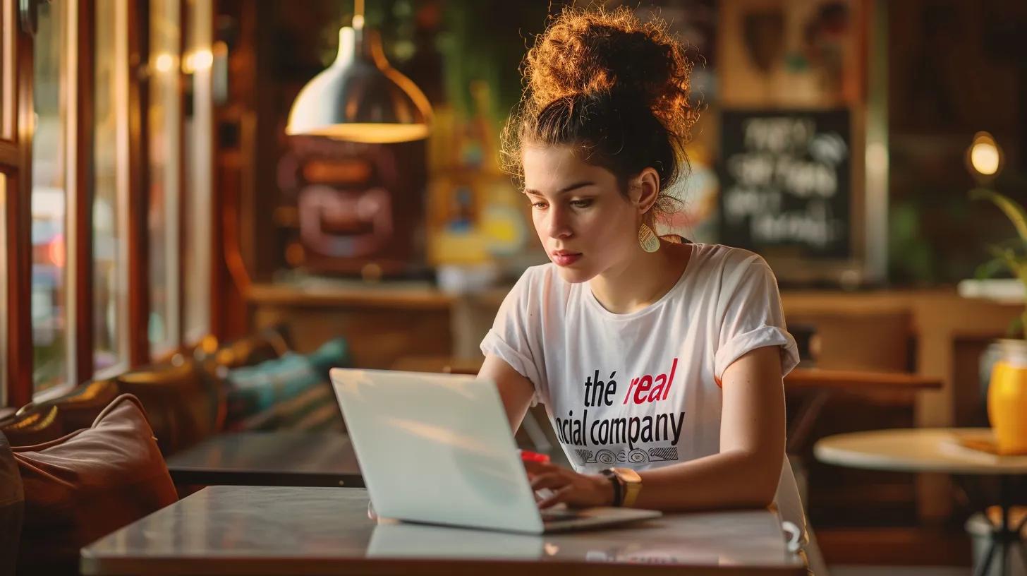 a focused young woman in an anime style sits at a sleek coffee shop table, intently working on her laptop, with her vibrant t-shirt displaying - The Real Social Company - Social Media Managment - Web Design a focused young woman in an anime style sits at a sleek coffee shop table, intently working on her laptop, with her vibrant t-shirt displaying