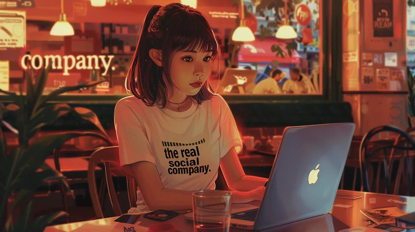 a focused young woman in an anime style sits at a vibrant coffee shop, immersed in her laptop work, with her shirt proudly displaying - The Real Social Company - Social Media Managment - Web Design a focused young woman in an anime style sits at a vibrant coffee shop, immersed in her laptop work, with her shirt proudly displaying
