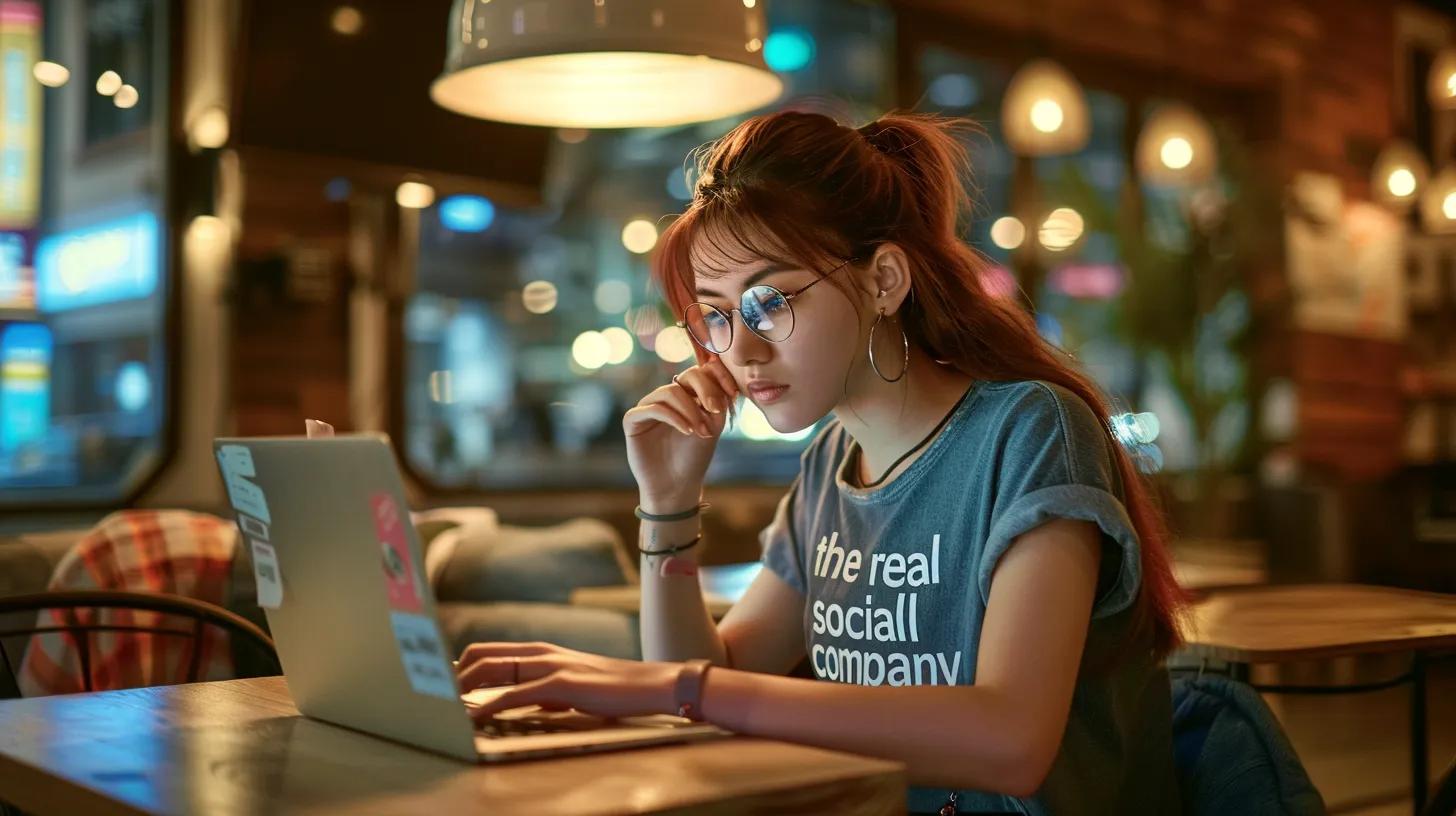 a focused young woman in an anime style, seated in a modern coffee shop, intently works on her laptop adorned with a t-shirt that reads 