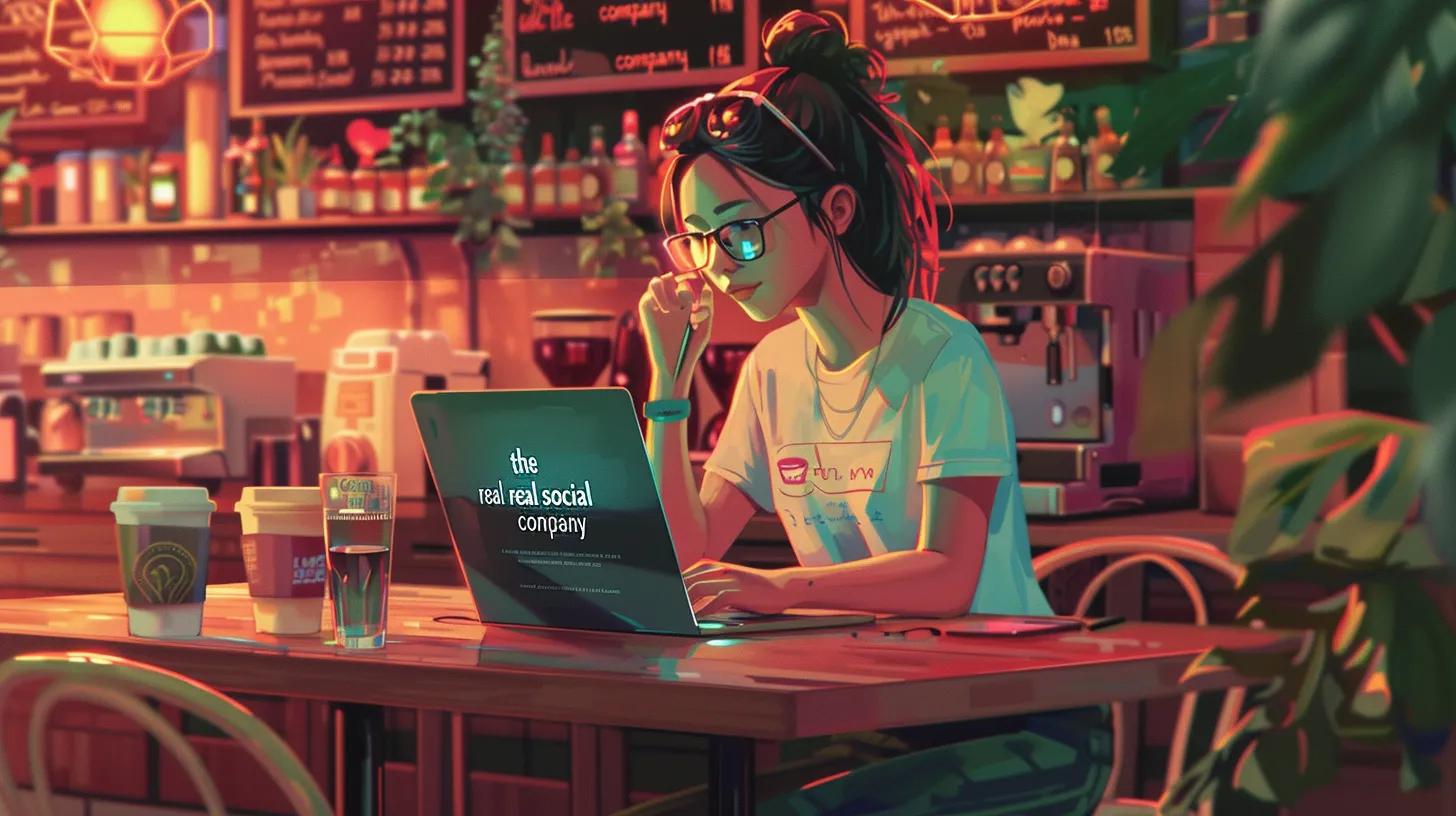 a focused young woman in anime style sits at a chic coffee shop, intently working on her laptop, surrounded by colorful coffee cups and vibrant decor, embodying the theme of small businesses crafting their social media strategies with the phrase - The Real Social Company - Social Media Managment - Web Design a focused young woman in anime style sits at a chic coffee shop, intently working on her laptop, surrounded by colorful coffee cups and vibrant decor, embodying the theme of small businesses crafting their social media strategies with the phrase