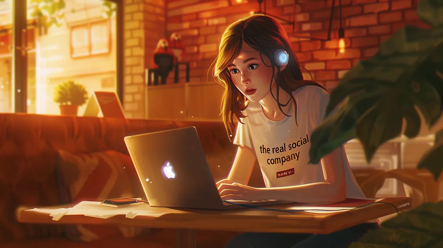a focused young woman with vibrant anime features, wearing a t-shirt that reads - The Real Social Company - Social Media Managment - Web Design a focused young woman with vibrant anime features, wearing a t-shirt that reads