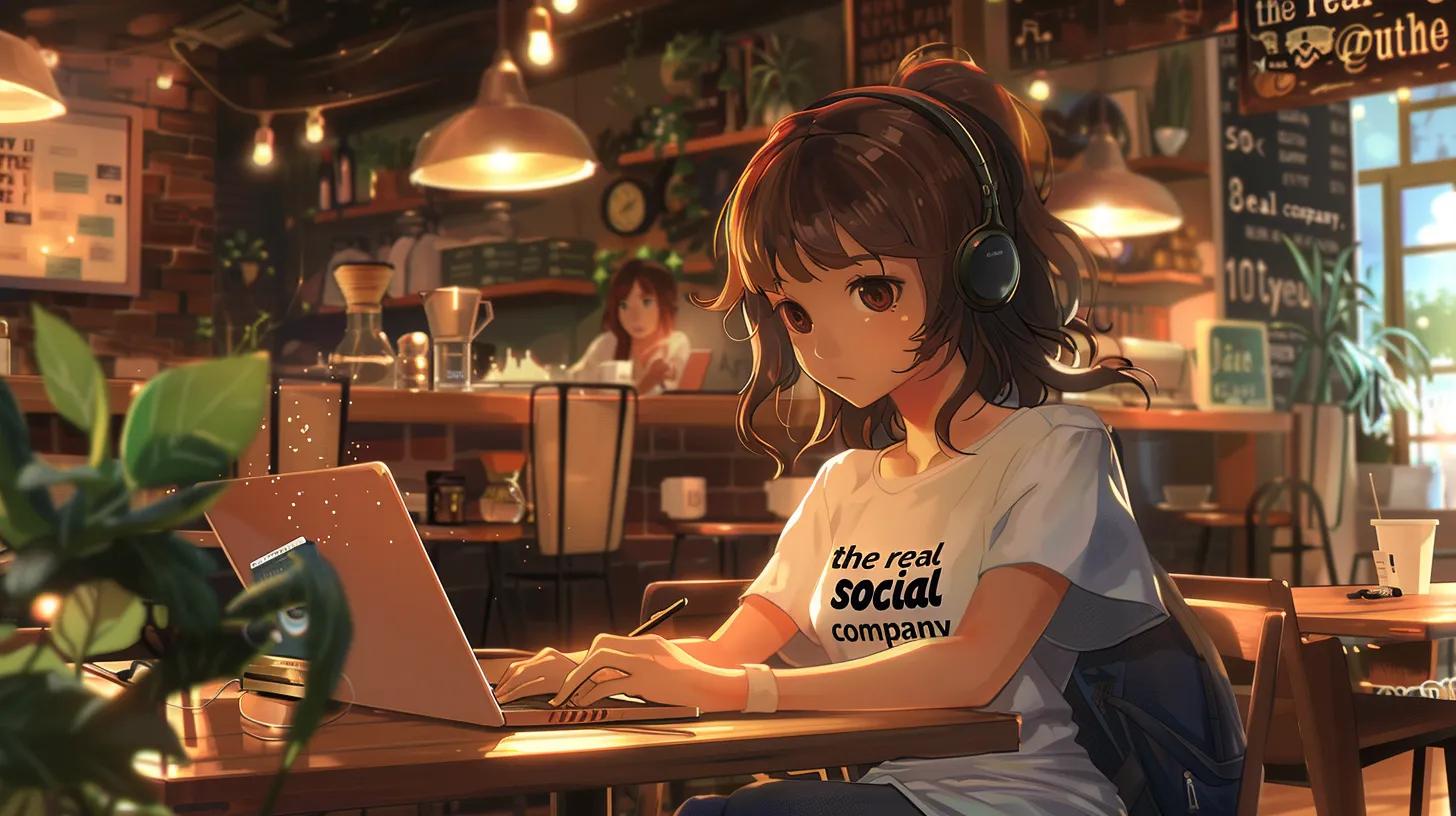 a modern coffee shop scene features an anime-style girl intently working on her laptop, surrounded by minimalist decor that highlights web design elements, with her t-shirt displaying - The Real Social Company - Columbus Web Design, SEO, Social a modern coffee shop scene features an anime-style girl intently working on her laptop, surrounded by minimalist decor that highlights web design elements, with her t-shirt displaying