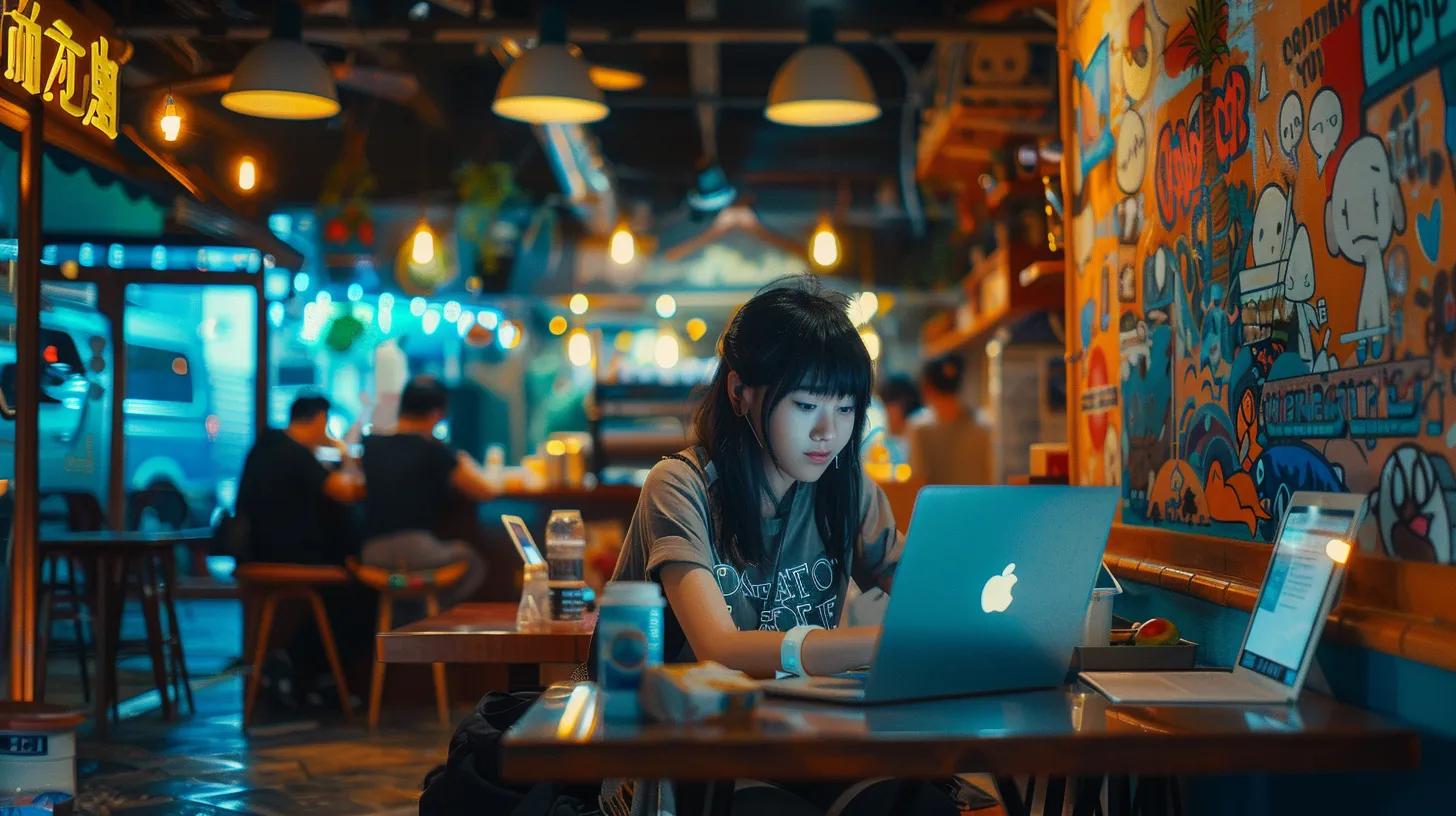 a stylish anime girl immersed in her work at a modern coffee shop, focused on her laptop with vibrant wordpress-themed decals around her, showcasing the seamless blend of creativity and technology in affordable web design. - The Real Social Company - Social Media Managment - Web Design a stylish anime girl immersed in her work at a modern coffee shop, focused on her laptop with vibrant wordpress-themed decals around her, showcasing the seamless blend of creativity and technology in affordable web design.