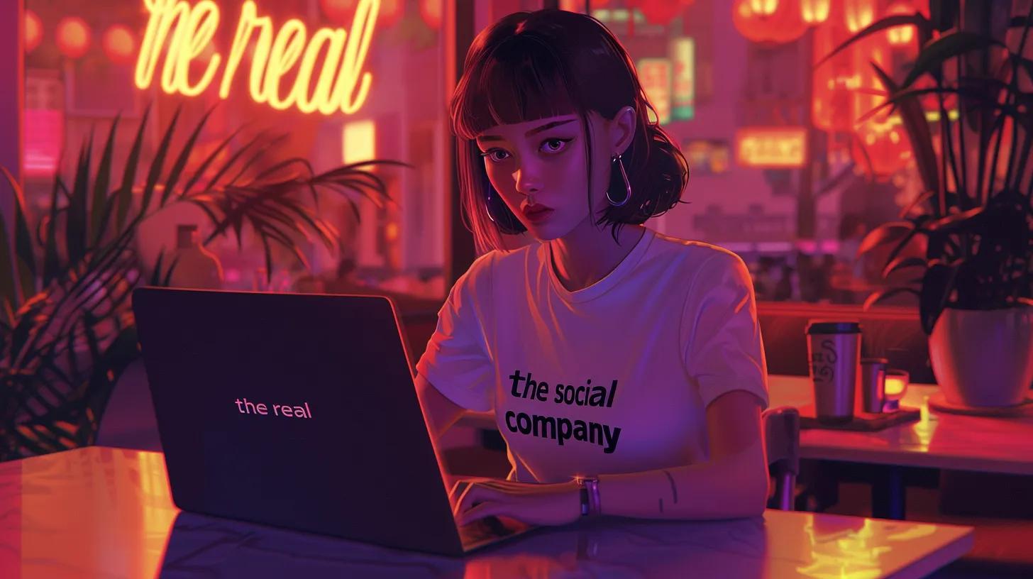 a stylish anime girl sits at a sleek coffee shop table, intently focused on her laptop, surrounded by vibrant cityscape decor, with her t-shirt boldly displaying - The Real Social Company - Columbus Web Design, SEO, Social a stylish anime girl sits at a sleek coffee shop table, intently focused on her laptop, surrounded by vibrant cityscape decor, with her t-shirt boldly displaying