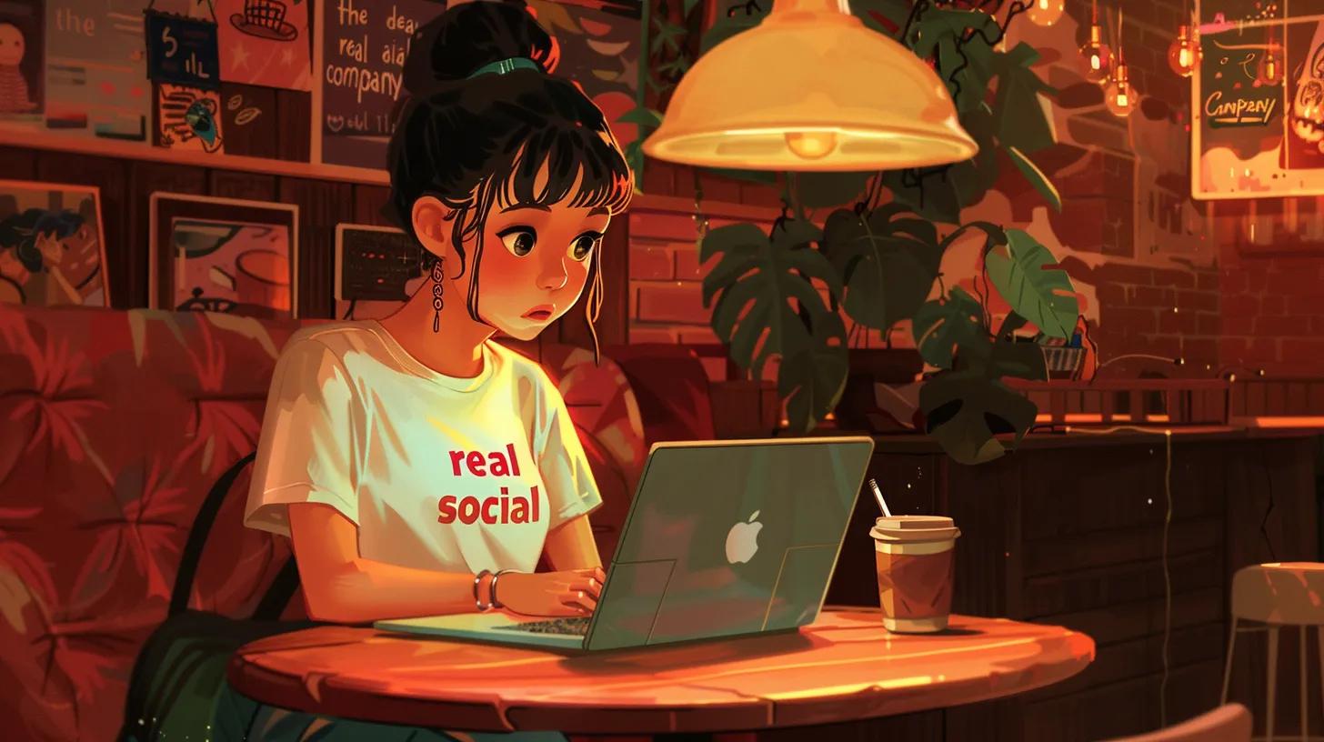 a vibrant anime-style illustration of a focused girl in a cozy coffee shop, intently working on her laptop adorned with a bold - The Real Social Company - Columbus Web Design, SEO, Social a vibrant anime-style illustration of a focused girl in a cozy coffee shop, intently working on her laptop adorned with a bold