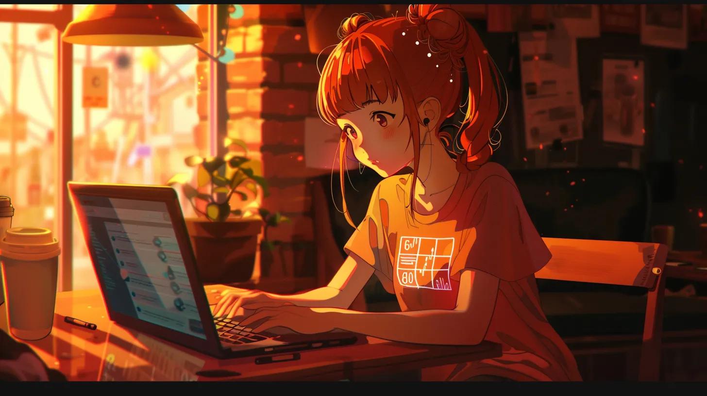 a vibrant anime-style illustration of a focused girl in a cozy coffee shop, intensely analyzing data on her laptop with a dashboard graphic glowing on the screen, reflecting her shirt that reads - The Real Social Company - Social Media Managment - Web Design a vibrant anime-style illustration of a focused girl in a cozy coffee shop, intensely analyzing data on her laptop with a dashboard graphic glowing on the screen, reflecting her shirt that reads