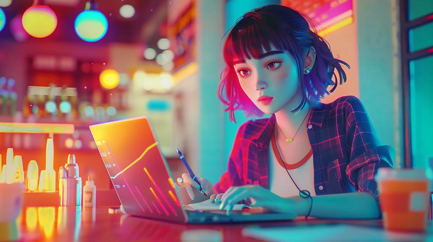 a vibrant anime-style scene of a focused girl in a trendy coffee shop, intently analyzing seo metrics on her laptop, while a colorful gradient of performance graphs and analytical tools floats around her, emphasizing the theme of tracking digital success. - The Real Social Company - Social Media Managment - Web Design a vibrant anime-style scene of a focused girl in a trendy coffee shop, intently analyzing seo metrics on her laptop, while a colorful gradient of performance graphs and analytical tools floats around her, emphasizing the theme of tracking digital success.