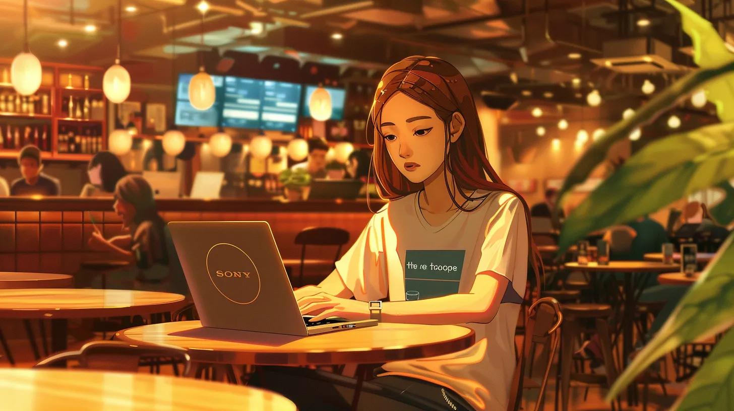 a vibrant anime-style illustration features a focused young woman in a bustling coffee shop, intently working on her laptop, surrounded by warm lighting and contemporary decor, with her t-shirt boldly displaying - The Real Social Company - Social Media Managment - Web Design a vibrant anime-style illustration features a focused young woman in a bustling coffee shop, intently working on her laptop, surrounded by warm lighting and contemporary decor, with her t-shirt boldly displaying