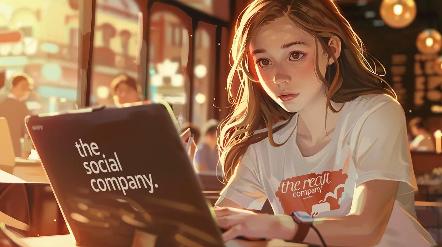a vibrant anime-style illustration of a young woman immersed in her work at a bustling coffee shop, focused intently on her laptop as she crafts compelling social media posts, with her t-shirt reading 
