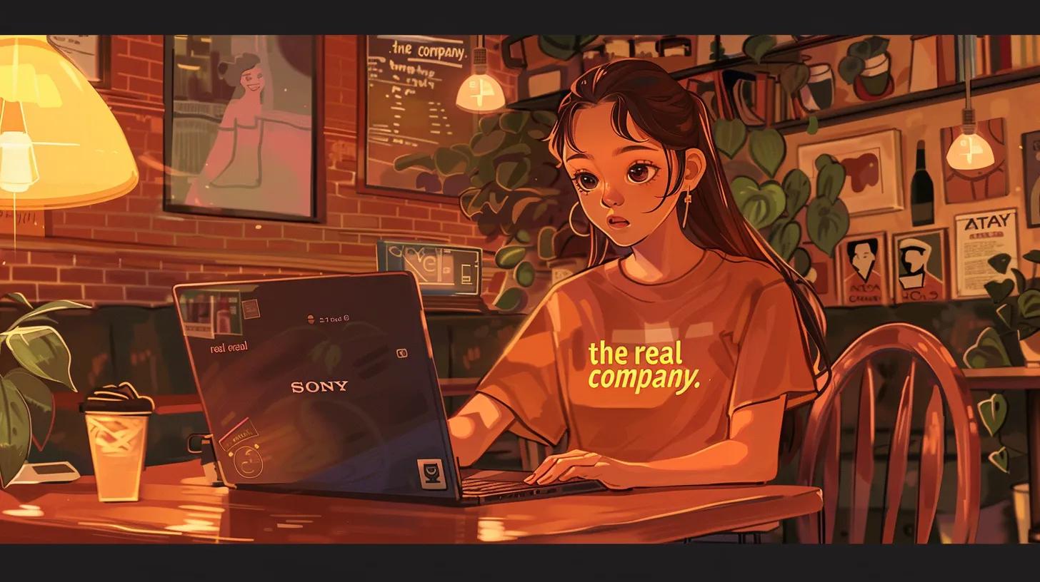 a vibrant anime-style illustration of a young woman in a cozy coffee shop, intently focused on her laptop as she engages in social media management, with her t-shirt boldly proclaiming 