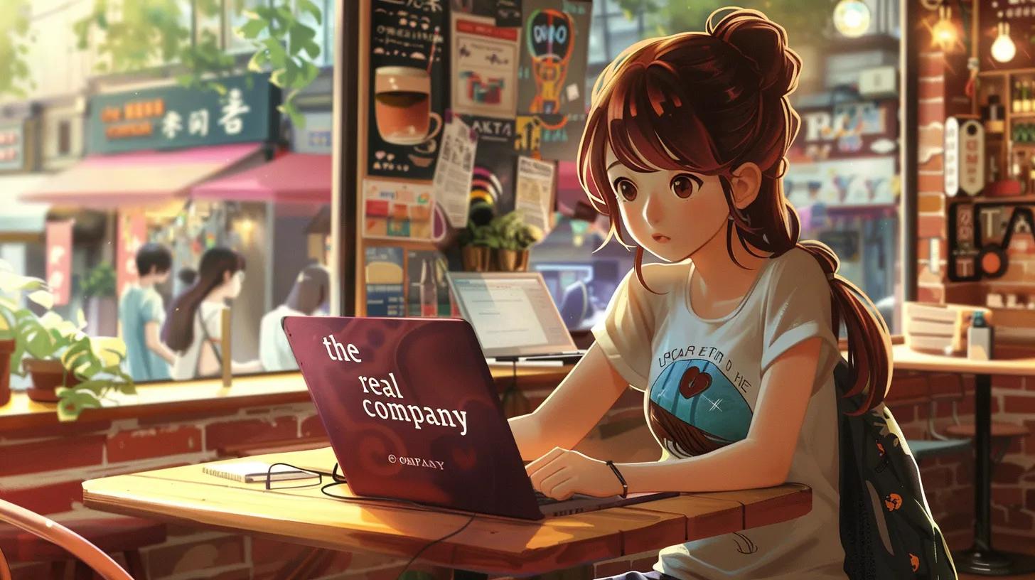 a vibrant anime-style scene depicting a young woman in a stylish coffee shop, intently working on her laptop adorned with the phrase - The Real Social Company - Social Media Managment - Web Design a vibrant anime-style scene depicting a young woman in a stylish coffee shop, intently working on her laptop adorned with the phrase