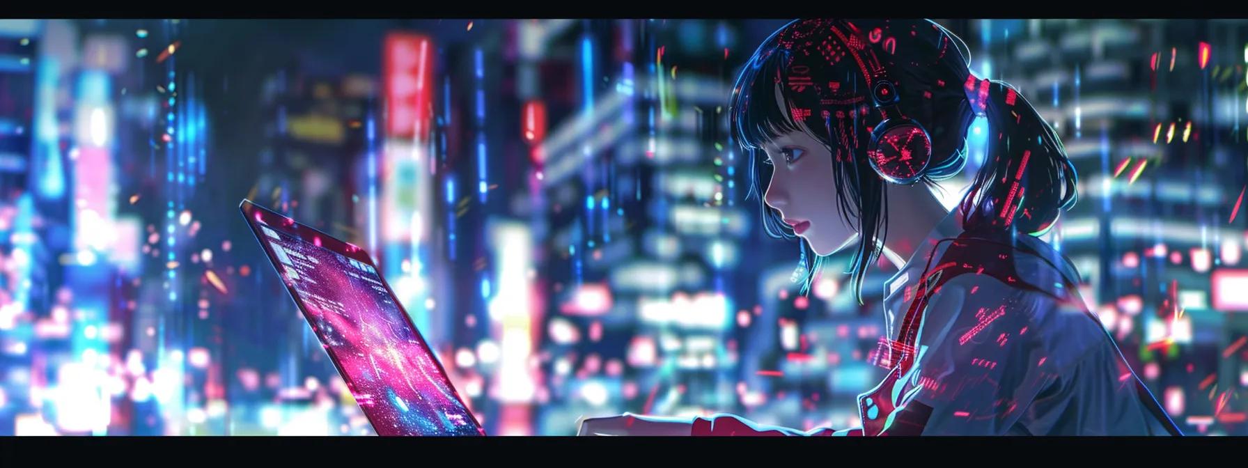 a vibrant anime-style female character, intently focused on her laptop, designs an engaging website while surrounded by digital elements representing social media and blogging, highlighting the creative nuances that require human oversight in ai-driven content creation.