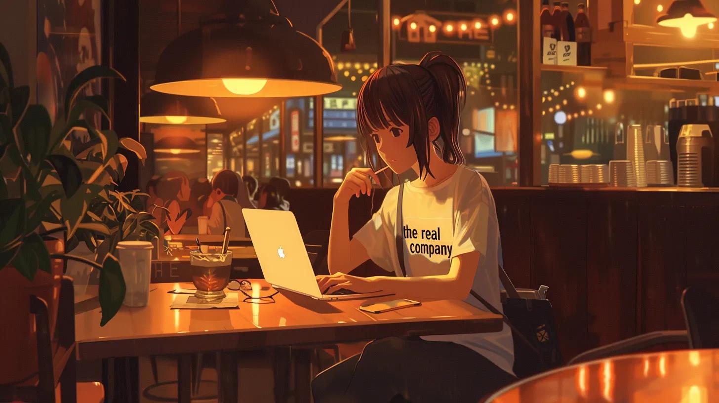 a vibrant anime-style scene depicts a focused girl in a contemporary coffee shop, immersed in her work on a laptop, while proudly showcasing her t-shirt that reads - The Real Social Company - Social Media Managment - Web Design a vibrant anime-style scene depicts a focused girl in a contemporary coffee shop, immersed in her work on a laptop, while proudly showcasing her t-shirt that reads