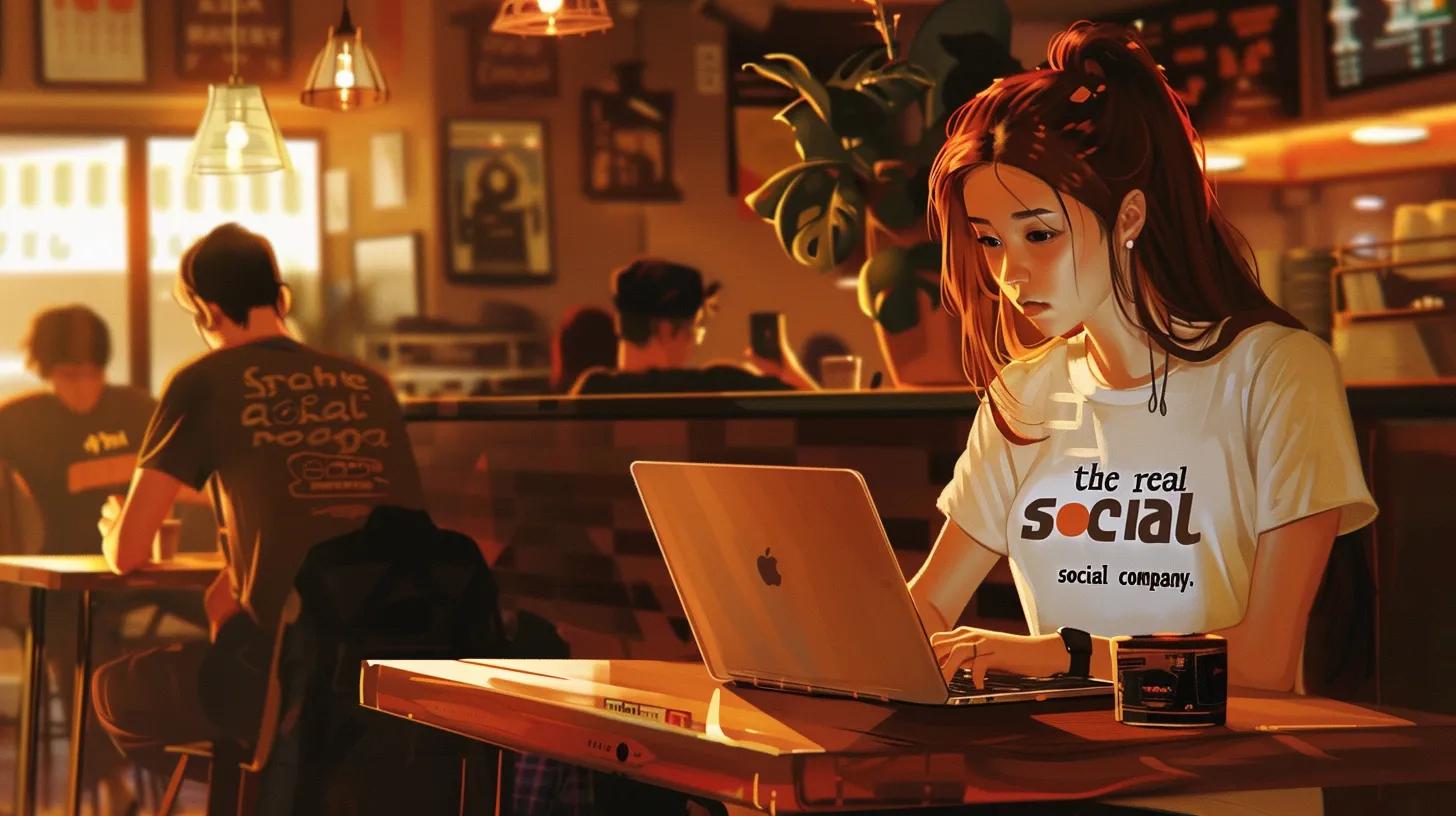 a vibrant anime-style image of a focused girl in a bustling coffee shop, intently working on her laptop while wearing a t-shirt that reads 