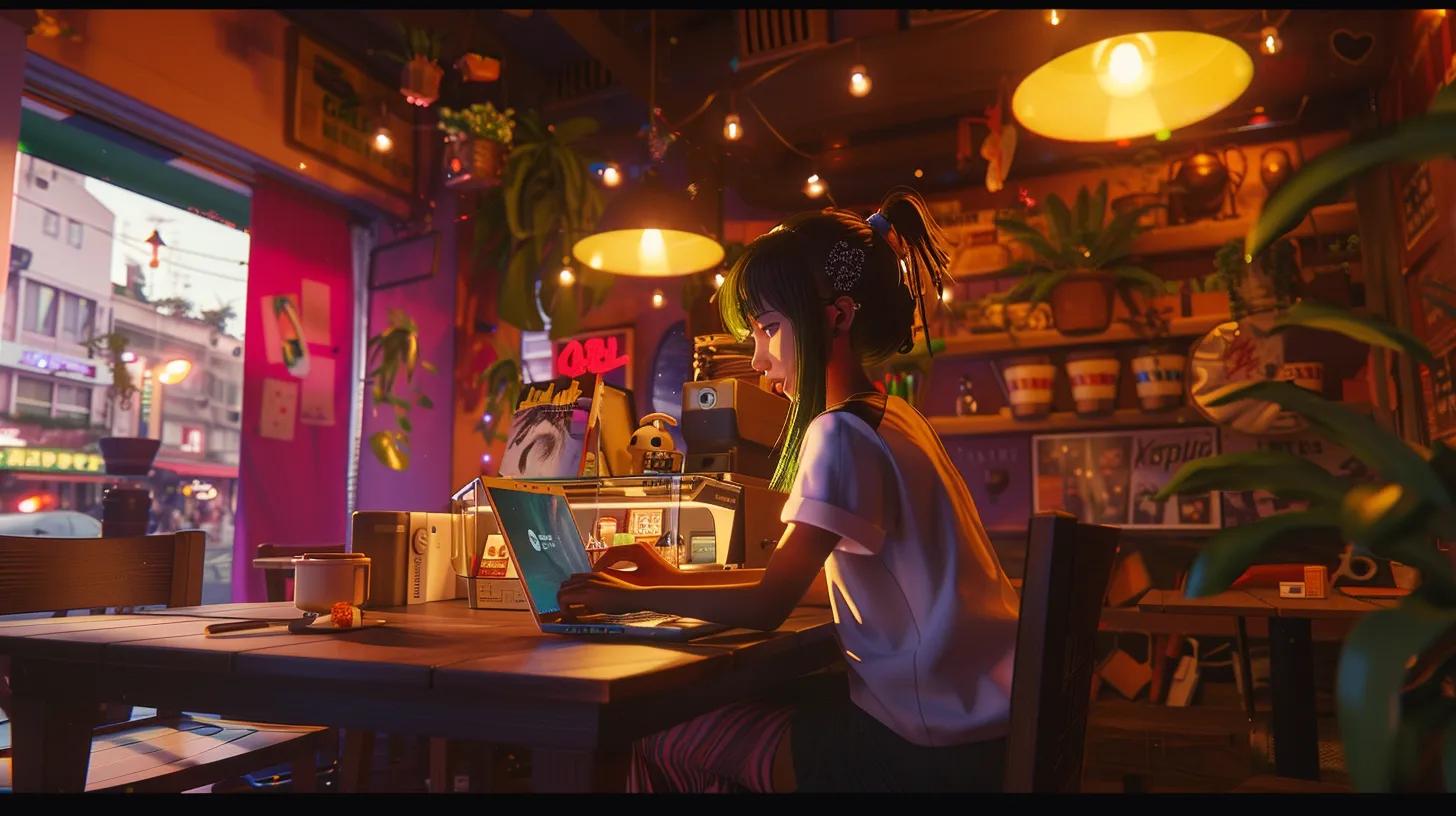 a vibrant anime-style scene of a girl in a bustling coffee shop, focused on her laptop as she develops an engaging website design, embodies the intersection of creativity and seo strategy in a modern urban setting. - The Real Social Company - Social Media Managment - Web Design a vibrant anime-style scene of a girl in a bustling coffee shop, focused on her laptop as she develops an engaging website design, embodies the intersection of creativity and seo strategy in a modern urban setting.