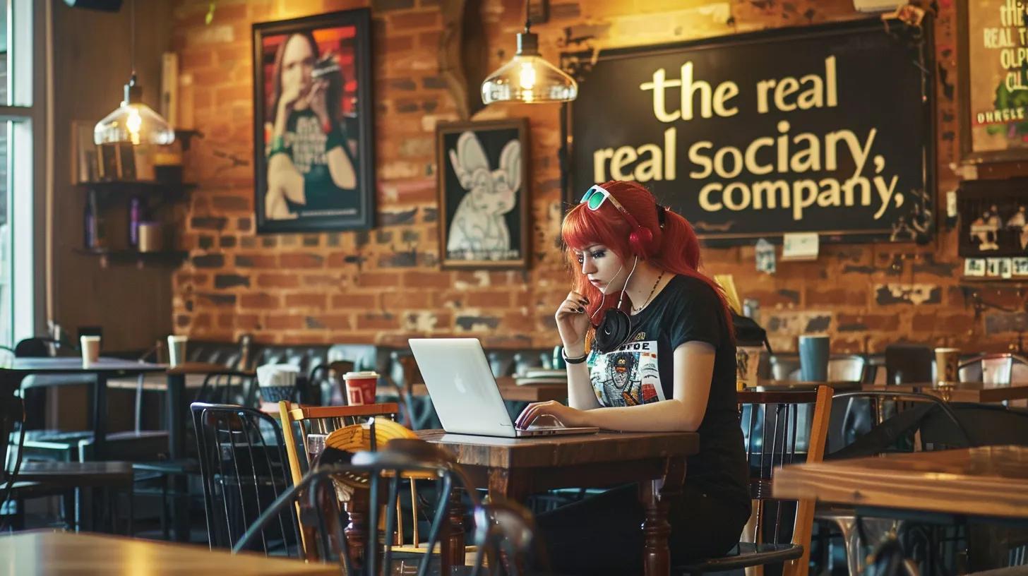 a vibrant anime-style girl sits at a modern coffee shop in columbus, intently focused on her laptop, with her t-shirt reading - The Real Social Company - Social Media Managment - Web Design a vibrant anime-style girl sits at a modern coffee shop in columbus, intently focused on her laptop, with her t-shirt reading