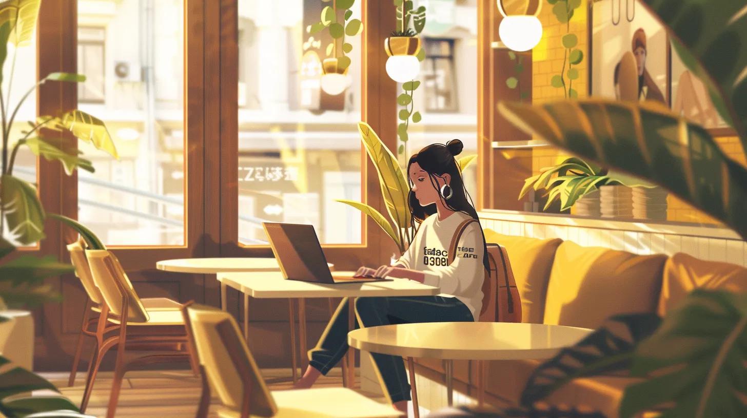 a vibrant anime-style scene captures a focused girl in a modern coffee shop, intently working on her laptop, surrounded by subtle design elements that reflect e-commerce strategies, while wearing a t-shirt that boldly states - The Real Social Company - Columbus Web Design, SEO, Social a vibrant anime-style scene captures a focused girl in a modern coffee shop, intently working on her laptop, surrounded by subtle design elements that reflect e-commerce strategies, while wearing a t-shirt that boldly states