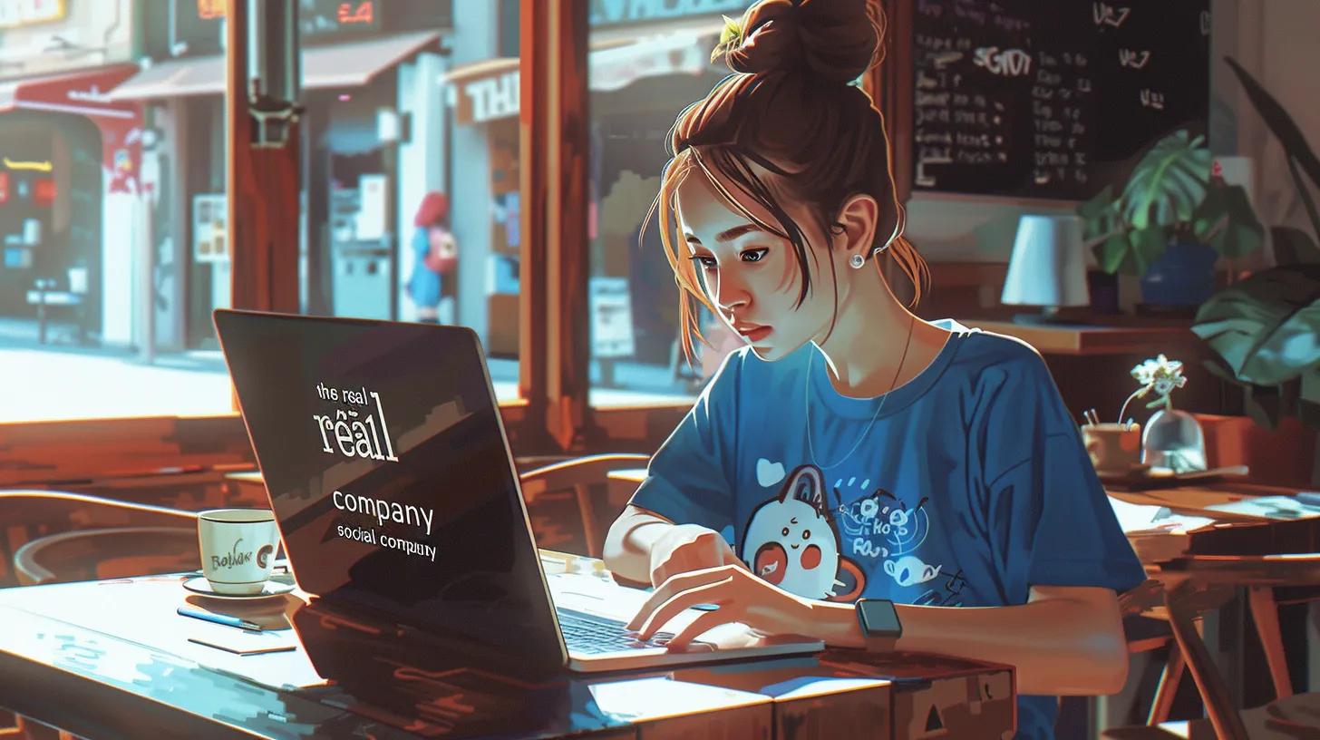 a vibrant anime-style depiction of a focused girl in a chic coffee shop, intently analyzing social media analytics on her laptop, with a bold t-shirt that reads - The Real Social Company - Social Media Managment - Web Design a vibrant anime-style depiction of a focused girl in a chic coffee shop, intently analyzing social media analytics on her laptop, with a bold t-shirt that reads