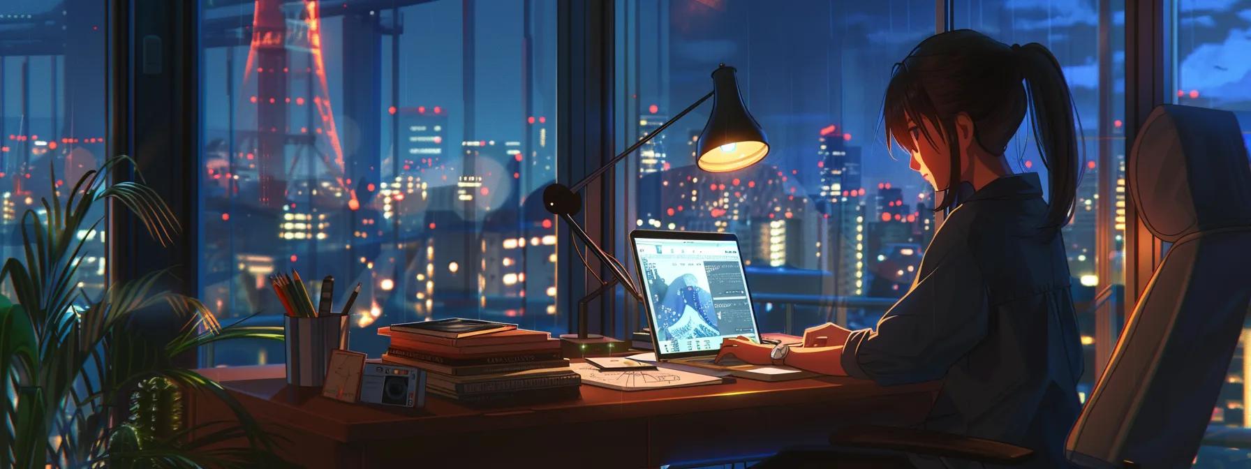 a vibrant anime-style female character sits confidently at an elegantly arranged modern office desk, intently focused on her laptop as she designs a dynamic website and curates social media content, embodying the fusion of human creativity and emerging ai technology in digital marketing.