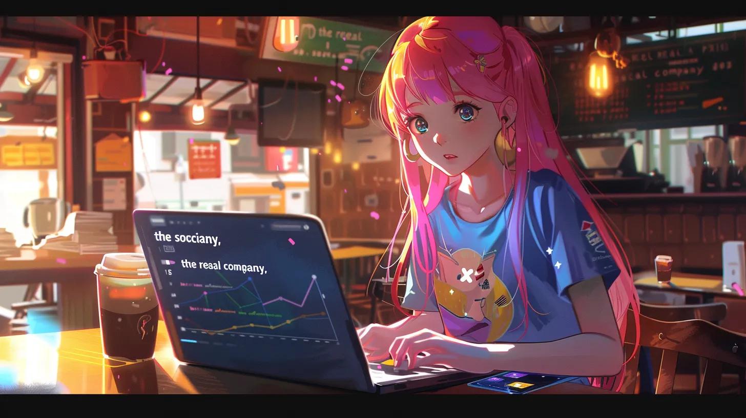 a vibrant anime-style girl in a trendy coffee shop intently analyzes data on her laptop, wearing a t-shirt that reads 