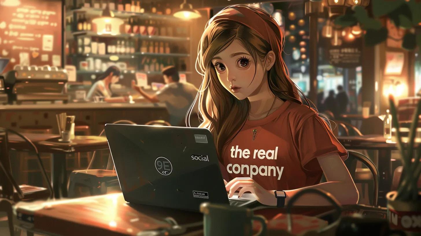 a vibrant anime-style illustration of a girl in a bustling coffee shop, intently focused on her laptop as she navigates social media strategies, her bright t-shirt emblazoned with - The Real Social Company - Columbus Web Design, SEO, Social a vibrant anime-style illustration of a girl in a bustling coffee shop, intently focused on her laptop as she navigates social media strategies, her bright t-shirt emblazoned with