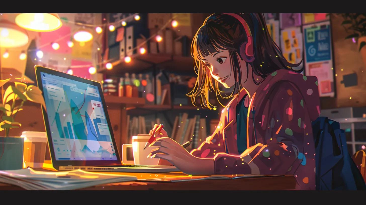 a vibrant anime-style illustration of a focused girl in a cozy coffee shop, intently working on her laptop, surrounded by colorful charts and graphs that represent various social media management pricing models. - The Real Social Company - Columbus Web Design, SEO, Social a vibrant anime-style illustration of a focused girl in a cozy coffee shop, intently working on her laptop, surrounded by colorful charts and graphs that represent various social media management pricing models.