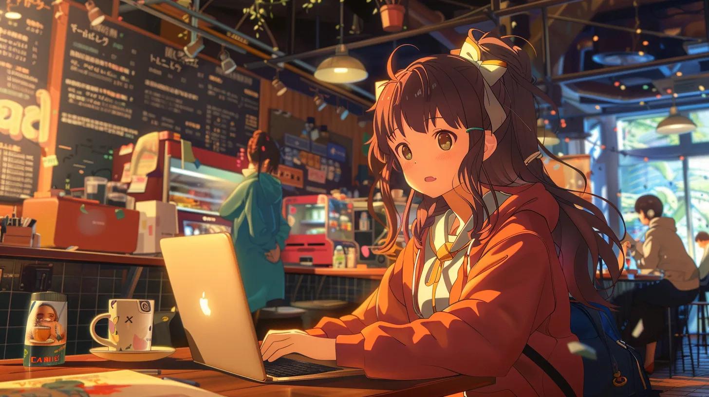 a vibrant anime-style scene of a girl in a bustling coffee shop, intently working on a laptop, surrounded by colorful marketing materials that reflect project-based pricing strategies for social media campaigns. - The Real Social Company - Columbus Web Design, SEO, Social a vibrant anime-style scene of a girl in a bustling coffee shop, intently working on a laptop, surrounded by colorful marketing materials that reflect project-based pricing strategies for social media campaigns.