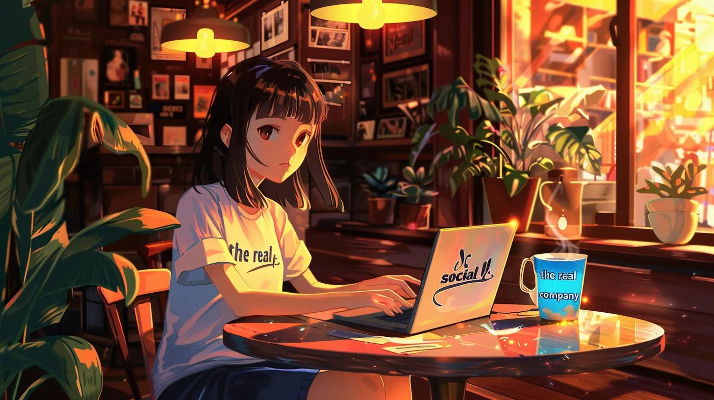 a vibrant anime-style scene of a girl sitting at a sleek coffee shop table, focused on her laptop, surrounded by modern decor, reflecting the dynamic intersection of seo, web design, and user experience with the phrase - The Real Social Company - Social Media Managment - Web Design a vibrant anime-style scene of a girl sitting at a sleek coffee shop table, focused on her laptop, surrounded by modern decor, reflecting the dynamic intersection of seo, web design, and user experience with the phrase