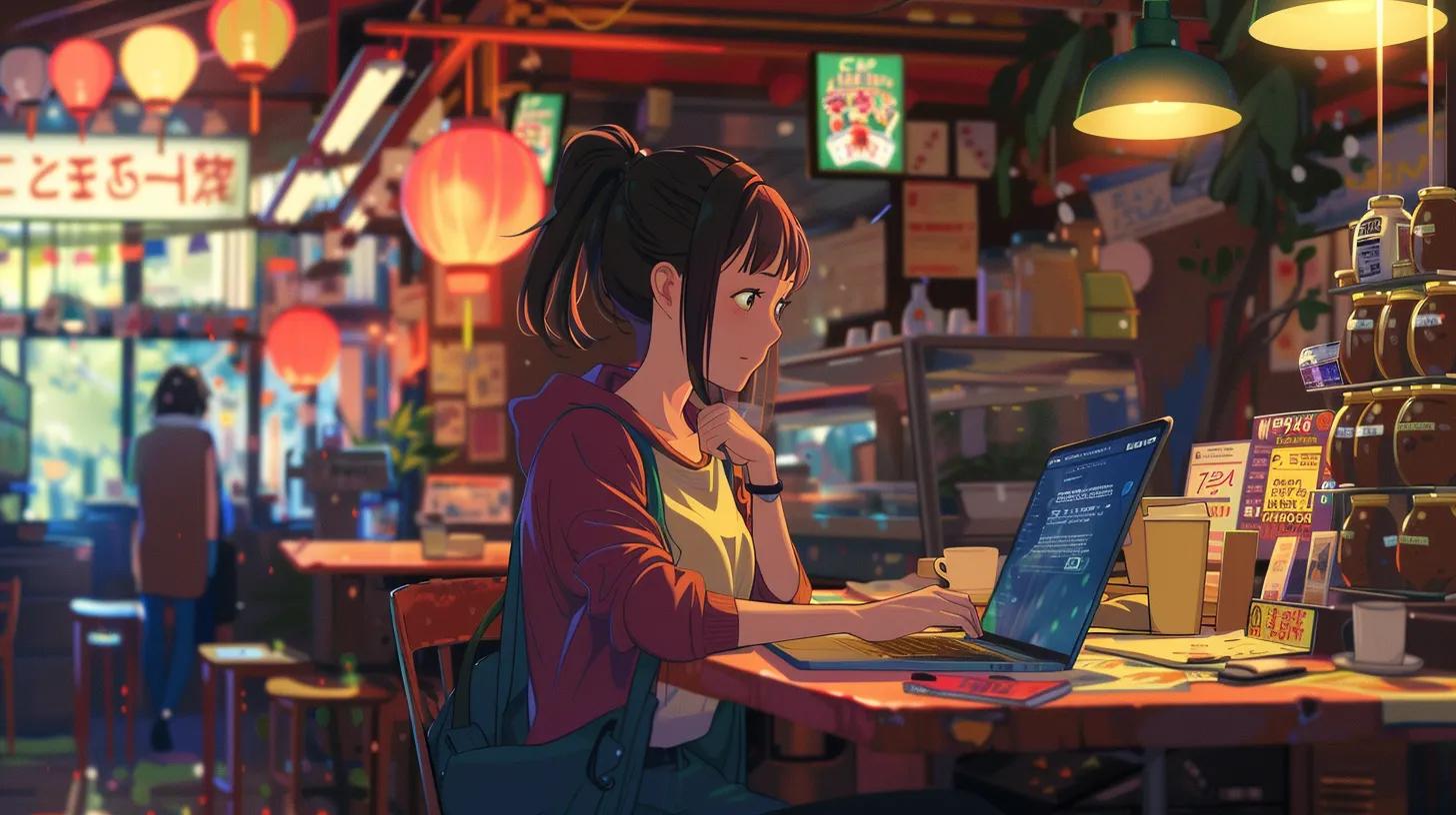 a vibrant anime-style scene captures a girl in a bustling coffee shop, intently working on her laptop, surrounded by colorful local business posters that highlight columbus e-commerce offerings, embodying the theme of local seo driving traffic. - The Real Social Company - Columbus Web Design, SEO, Social a vibrant anime-style scene captures a girl in a bustling coffee shop, intently working on her laptop, surrounded by colorful local business posters that highlight columbus e-commerce offerings, embodying the theme of local seo driving traffic.