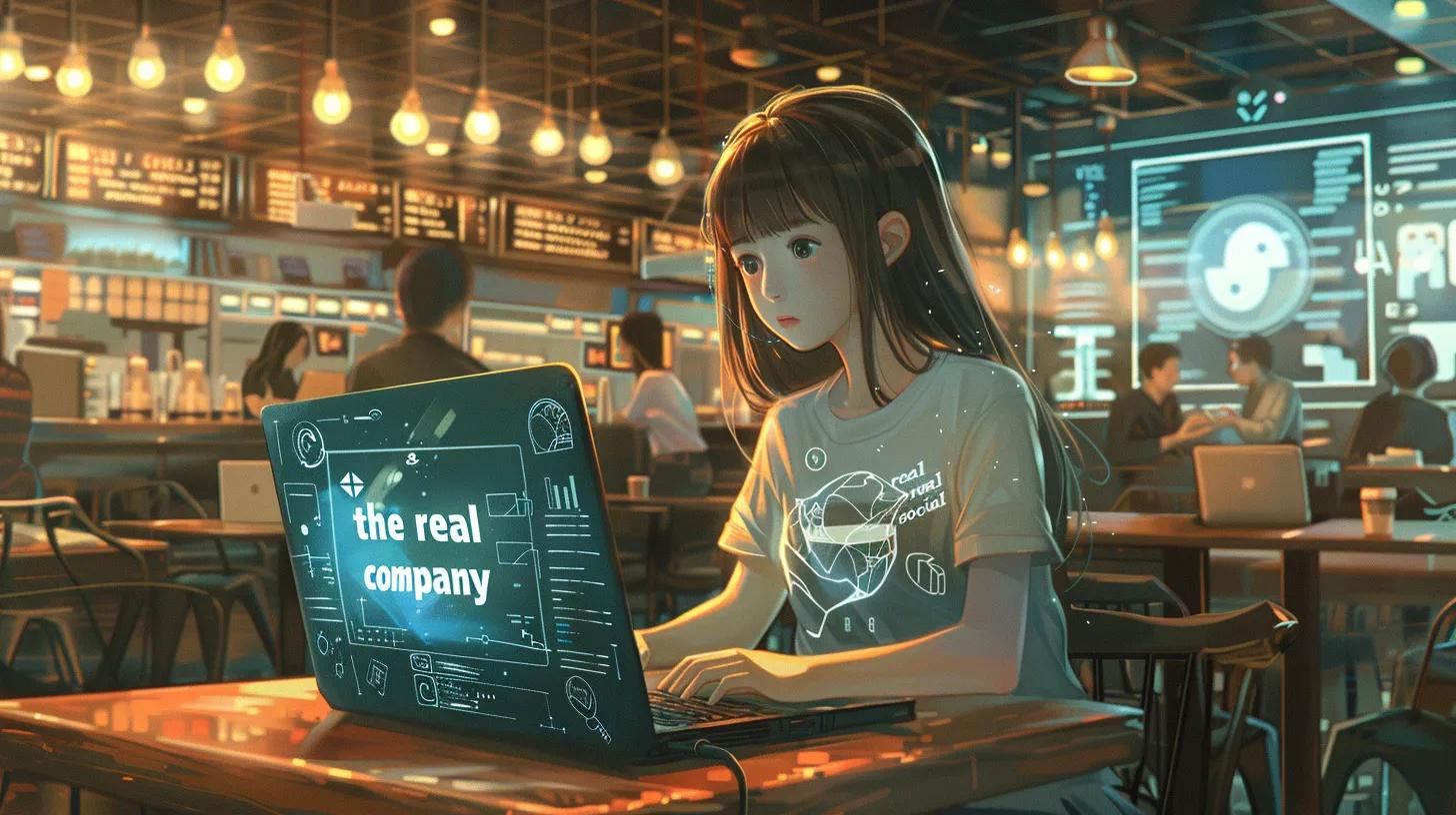 a vibrant anime-style illustration of a motivated girl sitting in a trendy coffee shop, intently focused on her laptop adorned with a - The Real Social Company - Columbus Web Design, SEO, Social a vibrant anime-style illustration of a motivated girl sitting in a trendy coffee shop, intently focused on her laptop adorned with a
