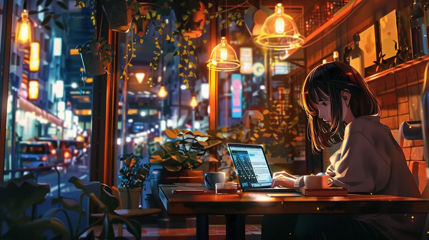 a vibrant anime-style illustration of a girl sitting in a trendy coffee shop, intently working on her laptop that displays a visually appealing website layout, surrounded by ambient urban decor, conveying the dynamic world of affordable web design success. - The Real Social Company - Social Media Managment - Web Design a vibrant anime-style illustration of a girl sitting in a trendy coffee shop, intently working on her laptop that displays a visually appealing website layout, surrounded by ambient urban decor, conveying the dynamic world of affordable web design success.