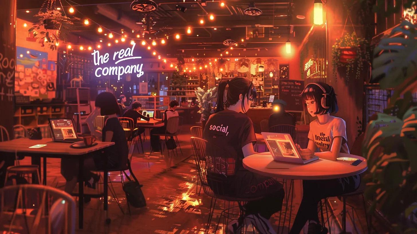 a vibrant anime-style scene depicts a girl in a bustling coffee shop, engrossed in her laptop work, surrounded by stylish decor and fellow patrons, her t-shirt emblazoned with “the real social company,” perfectly capturing the modern digital workspace culture. - The Real Social Company - Social Media Managment - Web Design a vibrant anime-style scene depicts a girl in a bustling coffee shop, engrossed in her laptop work, surrounded by stylish decor and fellow patrons, her t-shirt emblazoned with “the real social company,” perfectly capturing the modern digital workspace culture.