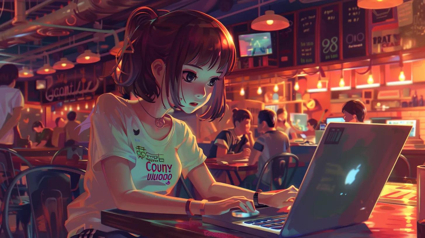 a vibrant anime-style illustration of a girl in a bustling coffee shop, intently focused on her laptop, surrounded by elements of website design, showcasing her t-shirt emblazoned with - The Real Social Company - Social Media Managment - Web Design a vibrant anime-style illustration of a girl in a bustling coffee shop, intently focused on her laptop, surrounded by elements of website design, showcasing her t-shirt emblazoned with