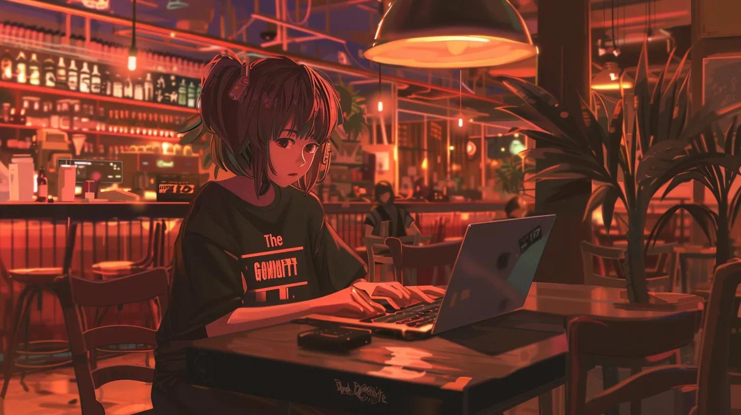 a vibrant anime-style scene of a focused girl in a bustling coffee shop, intently designing a website on her laptop, surrounded by modern decor and soft lighting, with her t-shirt boldly displaying - The Real Social Company - Social Media Managment - Web Design a vibrant anime-style scene of a focused girl in a bustling coffee shop, intently designing a website on her laptop, surrounded by modern decor and soft lighting, with her t-shirt boldly displaying