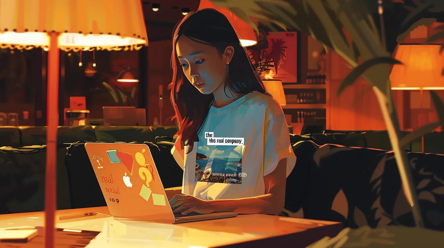 a vibrant anime-style illustration of a focused young woman in a modern coffee shop, intently working on her laptop, surrounded by sleek decor, as her t-shirt boldly displays - The Real Social Company - Social Media Managment - Web Design a vibrant anime-style illustration of a focused young woman in a modern coffee shop, intently working on her laptop, surrounded by sleek decor, as her t-shirt boldly displays