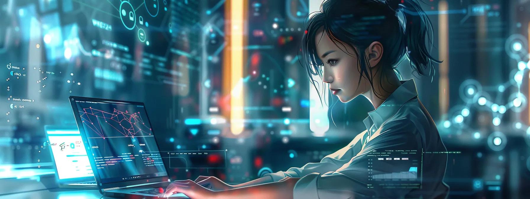 a vibrant anime-style female character intently focuses on her laptop in a sleek, modern urban office, showcasing her innovative website design and social media strategies amidst a backdrop of digital diagrams and engagement metrics.