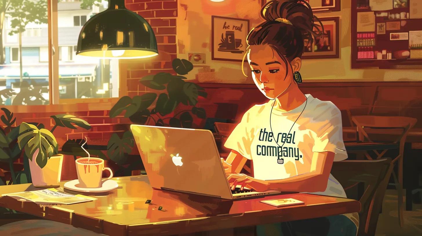 a vibrant anime-style illustration of a young woman in a cozy coffee shop, focused intently on her laptop as she navigates a sleek, modern content management system, with her t-shirt proclaiming - The Real Social Company - Social Media Managment - Web Design a vibrant anime-style illustration of a young woman in a cozy coffee shop, focused intently on her laptop as she navigates a sleek, modern content management system, with her t-shirt proclaiming