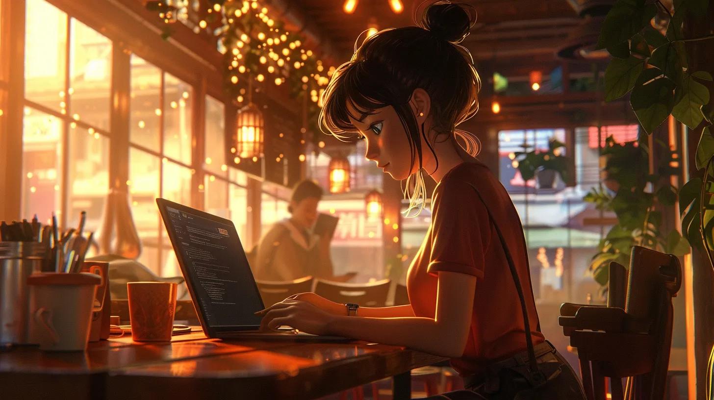 a vibrant anime-style girl intently working on her laptop in a trendy coffee shop, surrounded by warm ambient lighting and modern decor, exemplifying ideal ux/ui practices that enhance the digital shopping experience. - The Real Social Company - Columbus Web Design, SEO, Social a vibrant anime-style girl intently working on her laptop in a trendy coffee shop, surrounded by warm ambient lighting and modern decor, exemplifying ideal ux/ui practices that enhance the digital shopping experience.