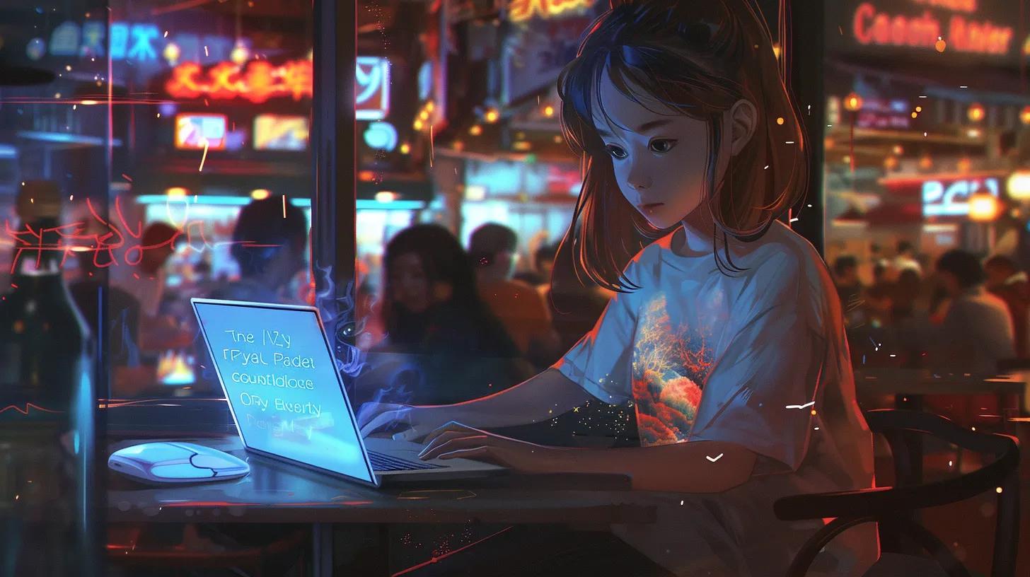a vibrant anime-style scene depicts a focused girl in a trendy coffee shop, intensely working on a laptop adorned with a custom e-commerce design on the screen, reflecting the bustling atmosphere of startup energy, while her shirt boldly displays - The Real Social Company - Columbus Web Design, SEO, Social a vibrant anime-style scene depicts a focused girl in a trendy coffee shop, intensely working on a laptop adorned with a custom e-commerce design on the screen, reflecting the bustling atmosphere of startup energy, while her shirt boldly displays