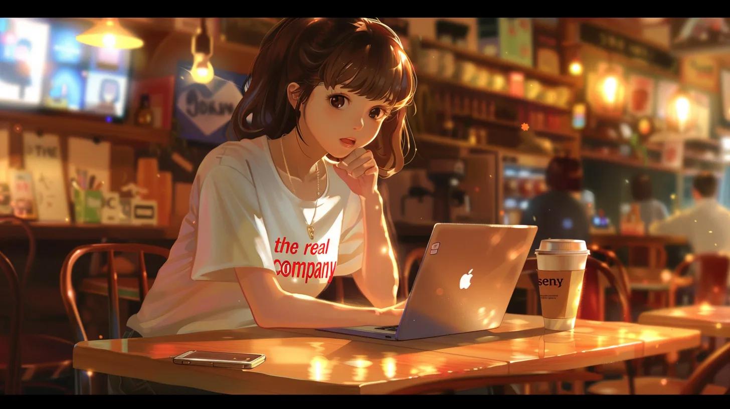 a vibrant anime-style scene captures a girl in a cozy coffee shop, intently focused on her laptop, with her t-shirt reading 