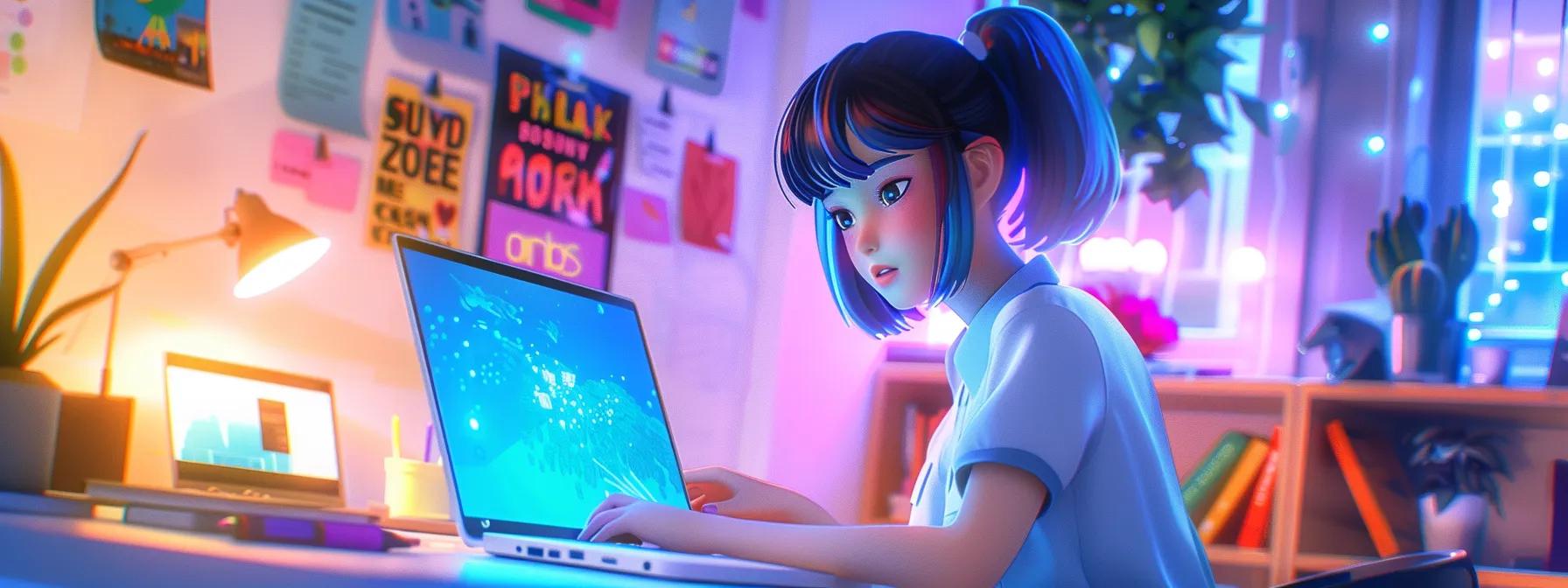 a vibrant anime-style female character, immersed in creative focus while designing engaging social media content on her sleek laptop, in a modern, colorful office adorned with digital marketing visuals and strategy boards. - The Real Social Company - Columbus Web Design, SEO, Social a vibrant anime-style female character, immersed in creative focus while designing engaging social media content on her sleek laptop, in a modern, colorful office adorned with digital marketing visuals and strategy boards.