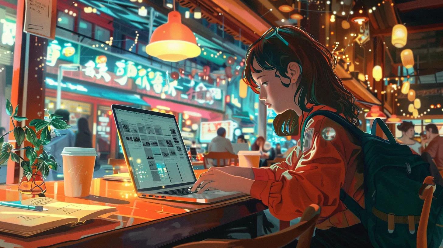 a vibrant anime-style illustration of a girl immersed in her laptop at a bustling coffee shop, surrounded by design sketches and coffee cups, illustrating a focused moment in the responsive design process for a digital agency. - The Real Social Company - Social Media Managment - Web Design a vibrant anime-style illustration of a girl immersed in her laptop at a bustling coffee shop, surrounded by design sketches and coffee cups, illustrating a focused moment in the responsive design process for a digital agency.