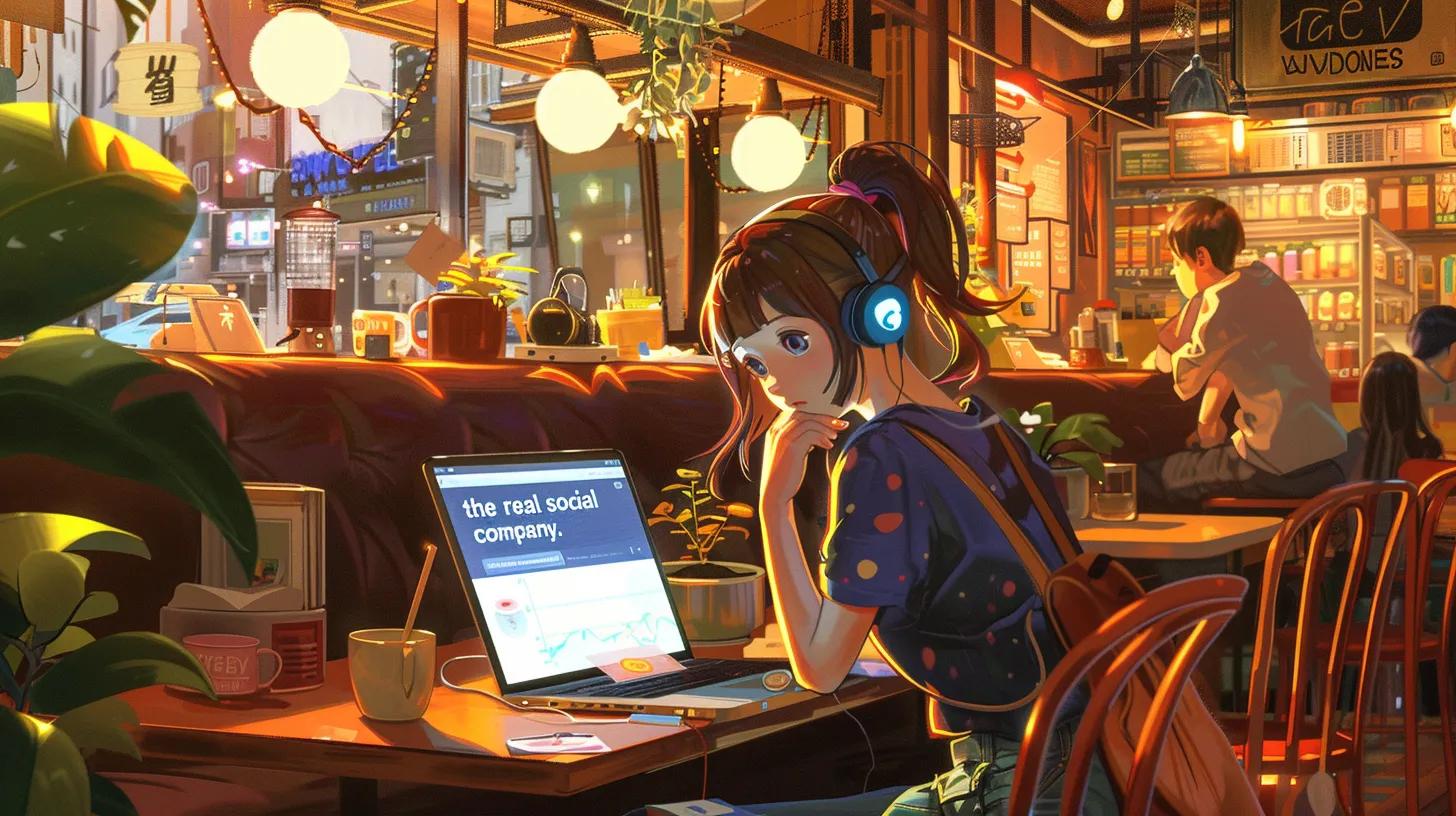 a vibrant anime-style illustration depicts a young woman in a bustling coffee shop, intently working on her laptop adorned with 