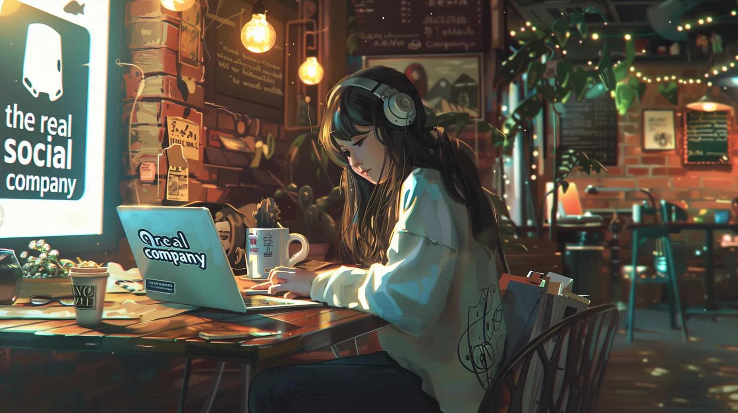 a vibrant anime-style scene depicts a focused girl in a cozy coffee shop, working intently on her laptop, with the words - The Real Social Company - Columbus Web Design, SEO, Social a vibrant anime-style scene depicts a focused girl in a cozy coffee shop, working intently on her laptop, with the words