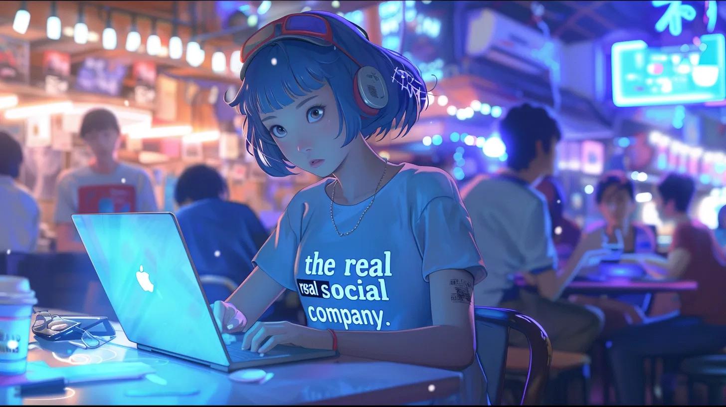 a vibrant anime-style illustration of a girl immersed in her laptop at a bustling coffee shop, wearing a t-shirt that reads - The Real Social Company - Social Media Managment - Web Design a vibrant anime-style illustration of a girl immersed in her laptop at a bustling coffee shop, wearing a t-shirt that reads