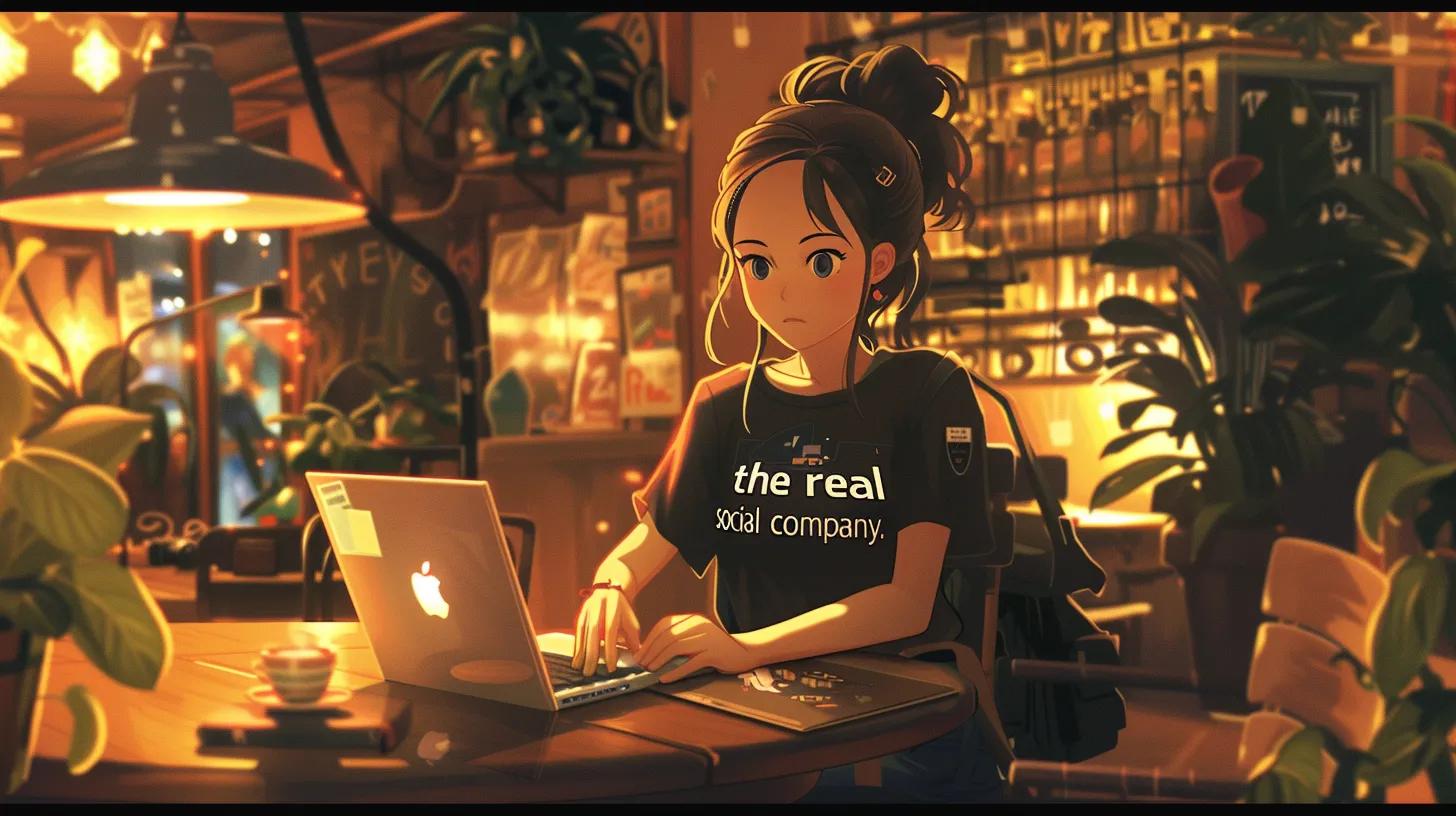 a vibrant anime-style scene inside a cozy coffee shop features a focused girl working intently on her laptop, surrounded by an inviting atmosphere with warm lighting, while her t-shirt boldly proclaims - The Real Social Company - Social Media Managment - Web Design a vibrant anime-style scene inside a cozy coffee shop features a focused girl working intently on her laptop, surrounded by an inviting atmosphere with warm lighting, while her t-shirt boldly proclaims
