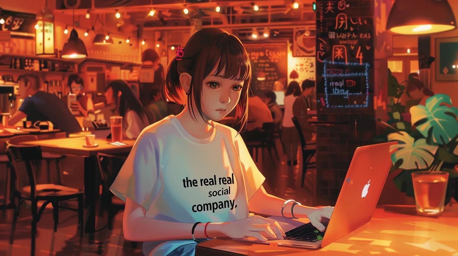 a vibrant anime-style scene depicts a girl immersed in her work at a bustling coffee shop, her laptop open and a stylish t-shirt reading - The Real Social Company - Columbus Web Design, SEO, Social a vibrant anime-style scene depicts a girl immersed in her work at a bustling coffee shop, her laptop open and a stylish t-shirt reading